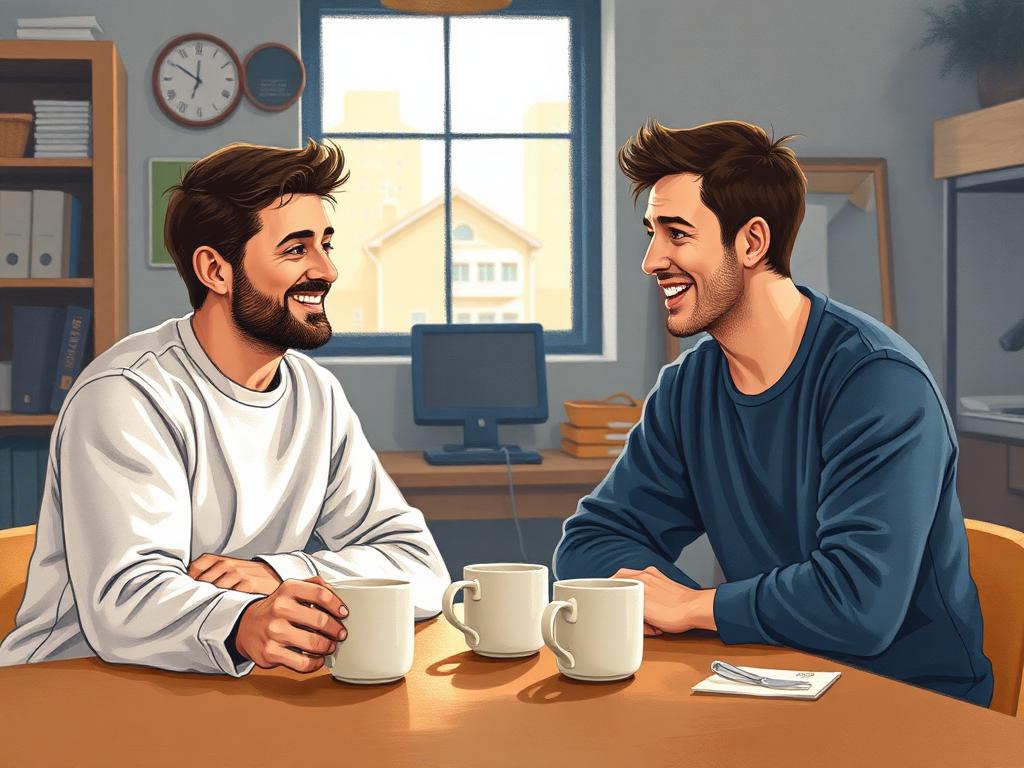 Illustrated portrait of Derek, a thirty-two-year-old man, talking with a peer mentor over coffee at his vocational program.