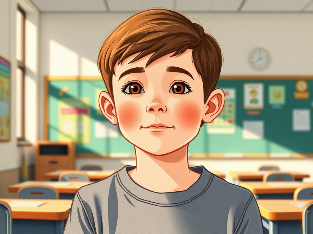 Illustrated portrait of Liam, a ten-year-old boy, in a classroom with a visual schedule on the wall.