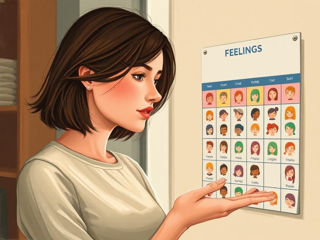 Illustrated portrait of Shana, a twenty-year-old woman, gesturing toward a feelings chart on the wall.