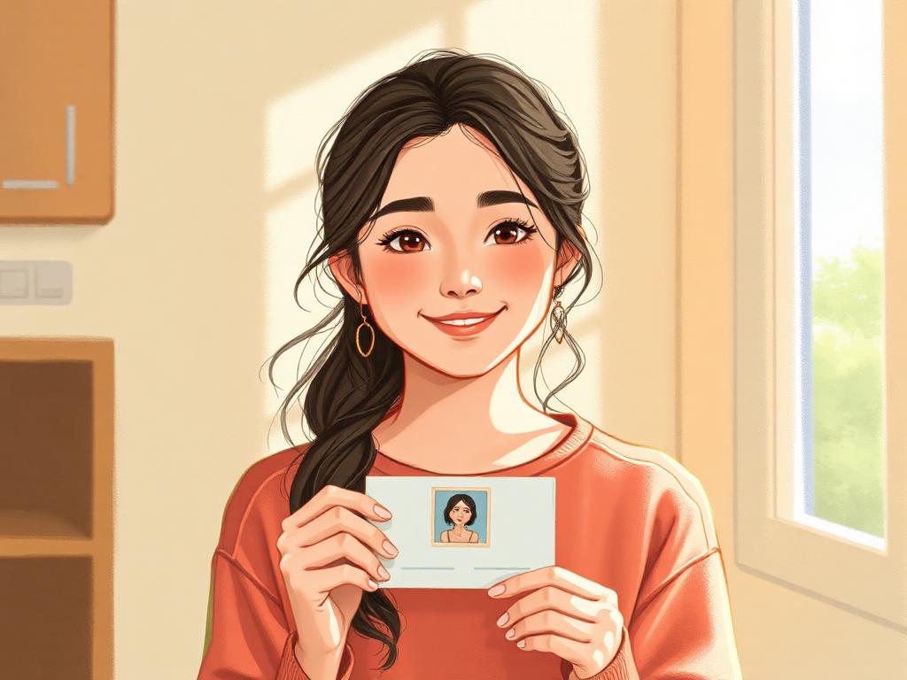 Illustrated portrait of Sophia, an eighteen-year-old young woman, holding a picture communication card.