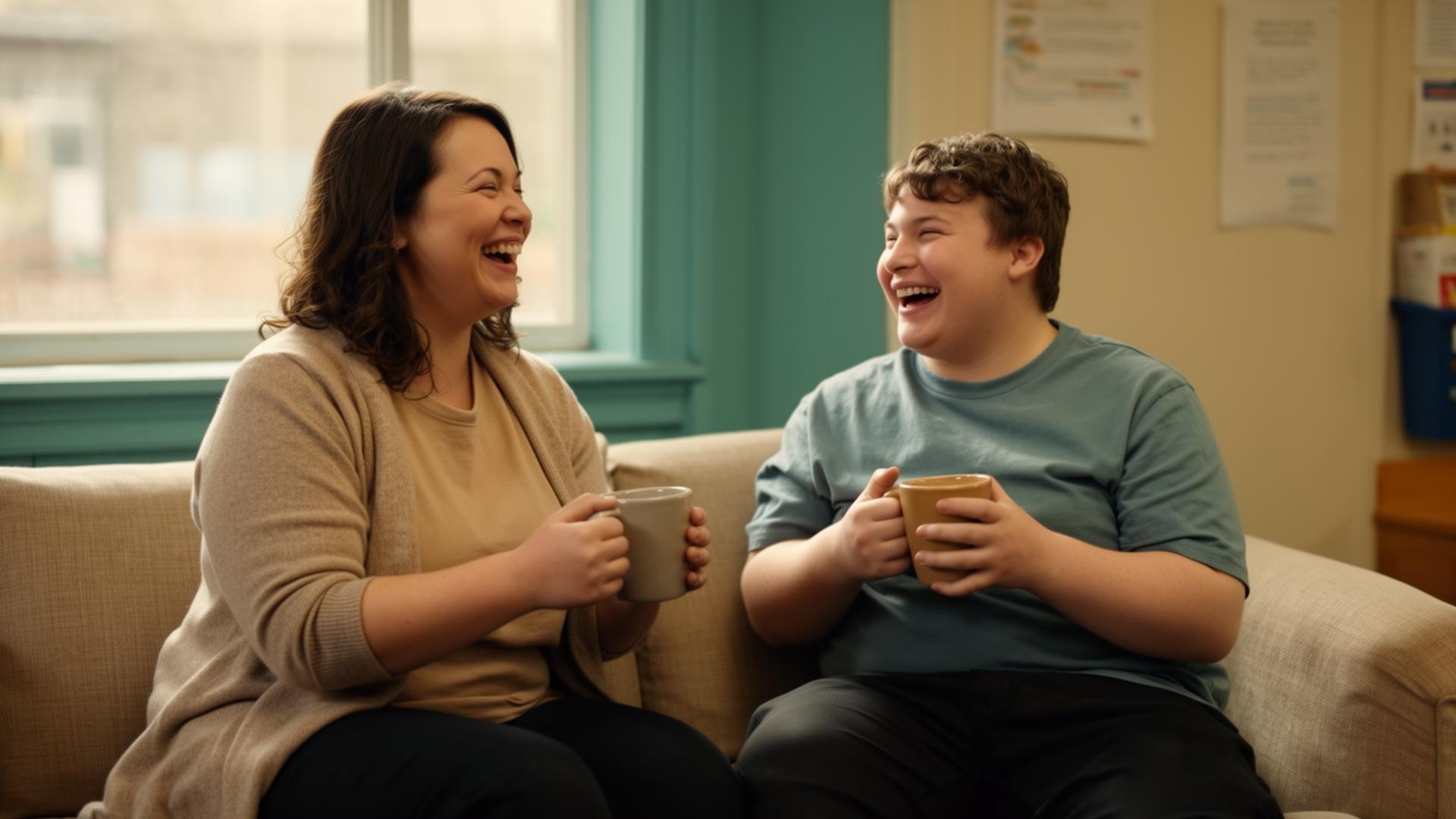 A counselor and a young man with Down syndrome laughing together over coffee