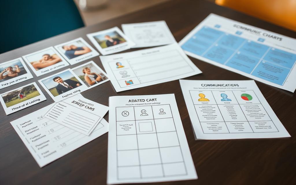 Close-up of adapted visual screening tools: picture cards, simplified forms with icons, and a feelings chart.