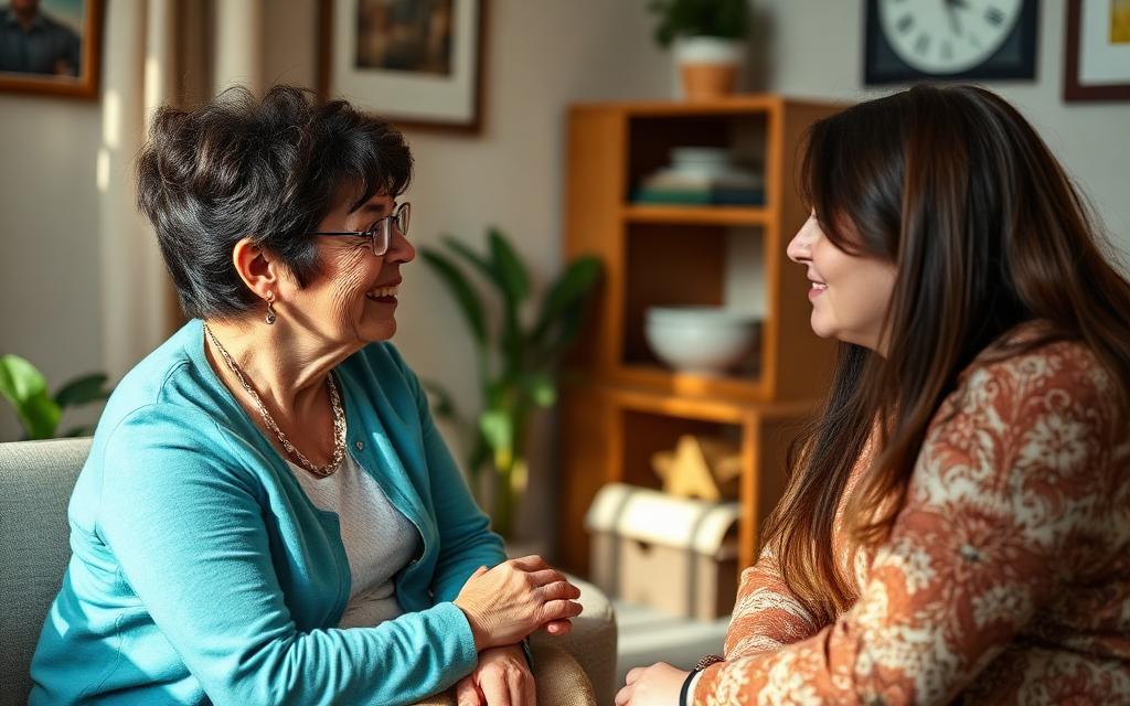 A caregiver and a clinician having a warm, collaborative conversation with a support person present.