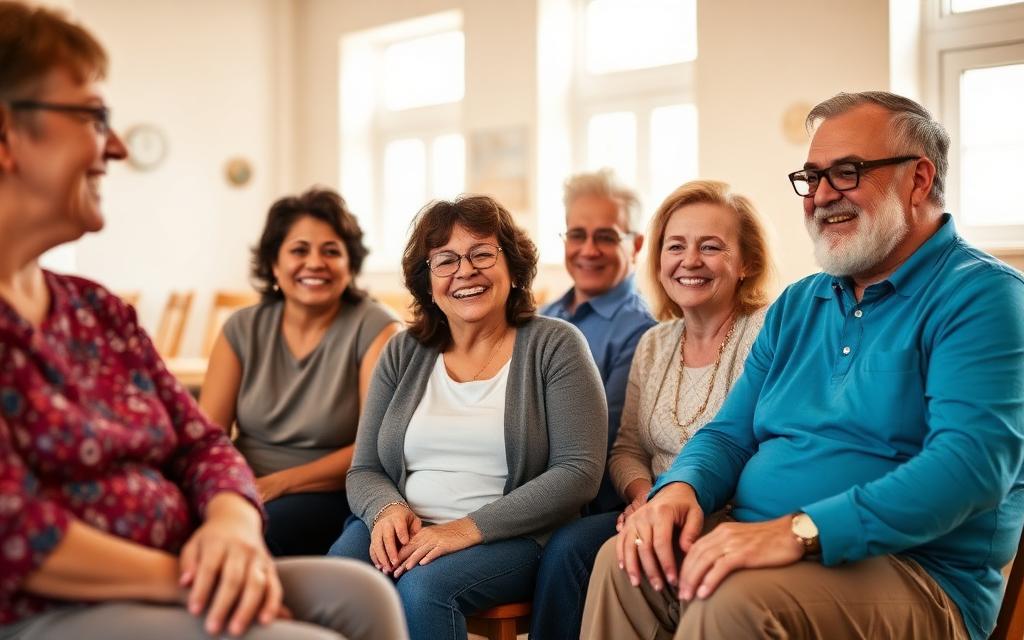 A warm, inclusive scene of diverse adults of different abilities sitting together and connecting.
