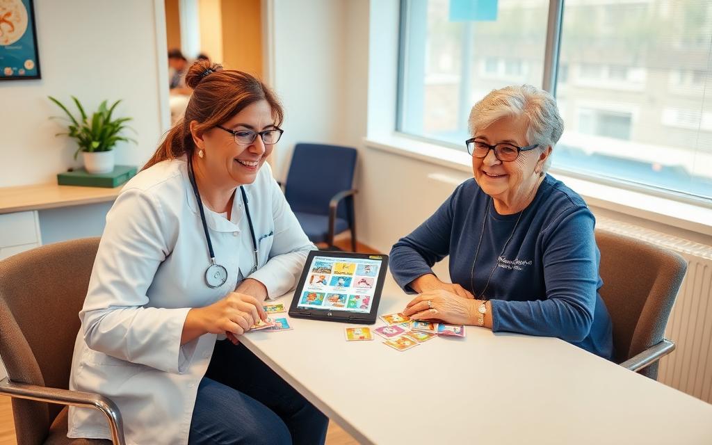 A clinician and a client with IDD sitting together using visual cards and a tablet for screening.