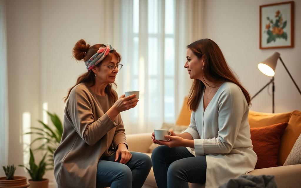 A calm therapy space with soft lighting, a comfortable sofa, plants, and a warm cup of tea.