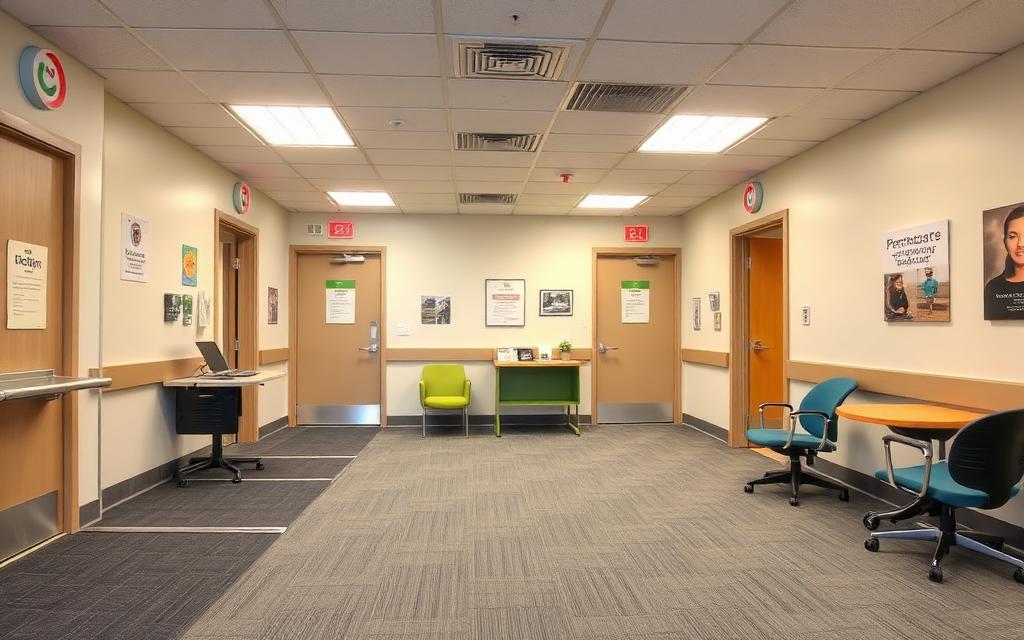 An inclusive and accessible clinic space with ramps, clear signage with icons, and sensory-friendly lighting.
