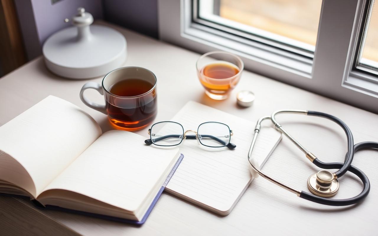 A clinician's desk with an open notebook, glasses, brass balance scale, and stethoscope in soft window light.