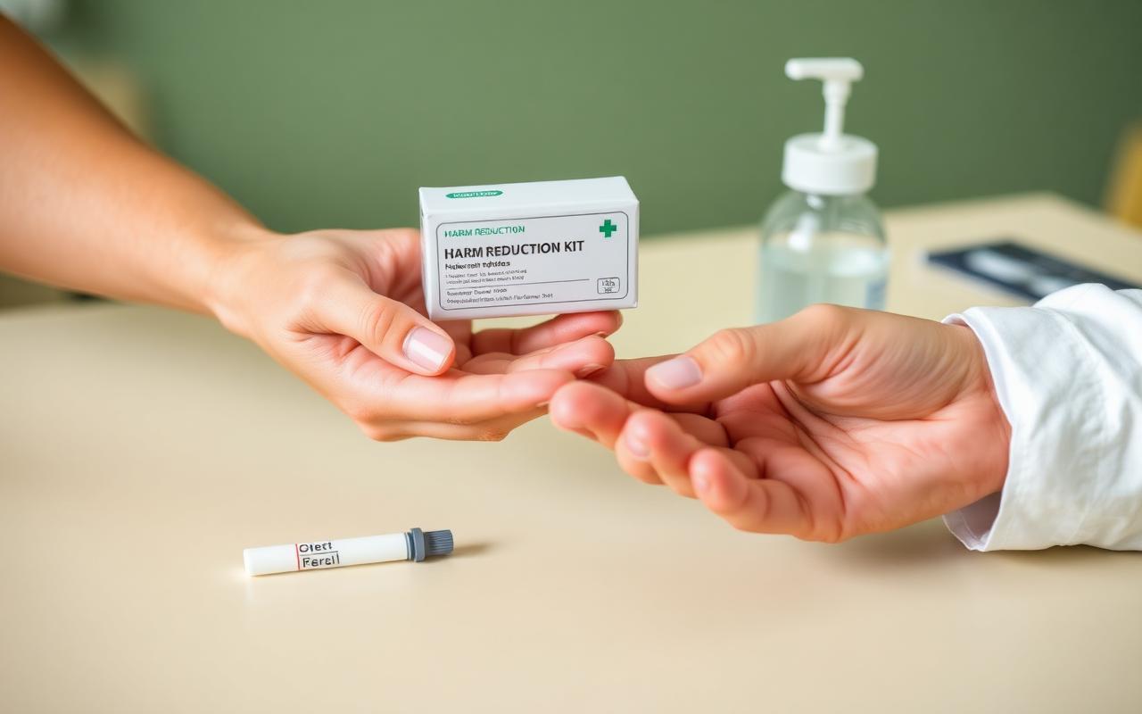 Two pairs of hands gently exchanging a small harm-reduction kit across a clinic table.
