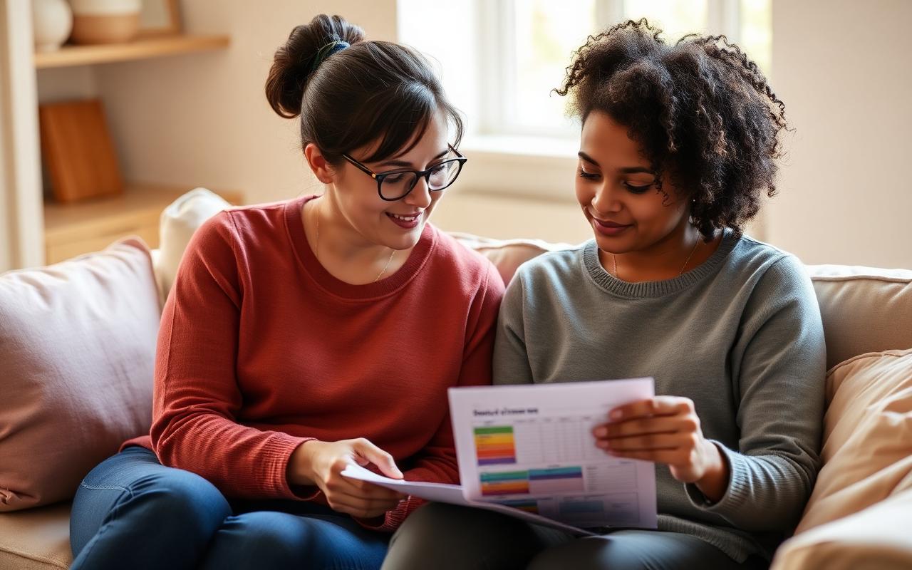 A counselor and a young adult reviewing a colorful planning worksheet together on a sofa.