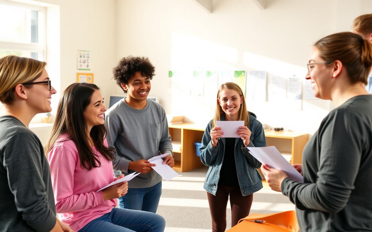 A small group of teens and a facilitator role-playing scenarios in a bright community room.